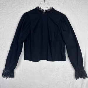 Divided H&M NWT Black Lace Mock Neck Puff Sleeve Cropped Blouse Shirt Small